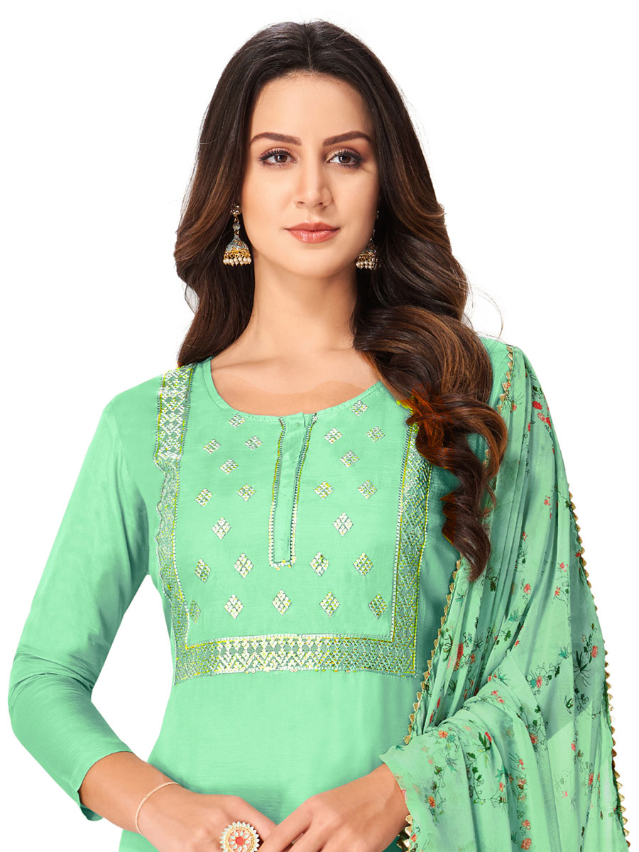 Sea Green Chanderi Cotton Embroidered Party Churidar Pant Kameez