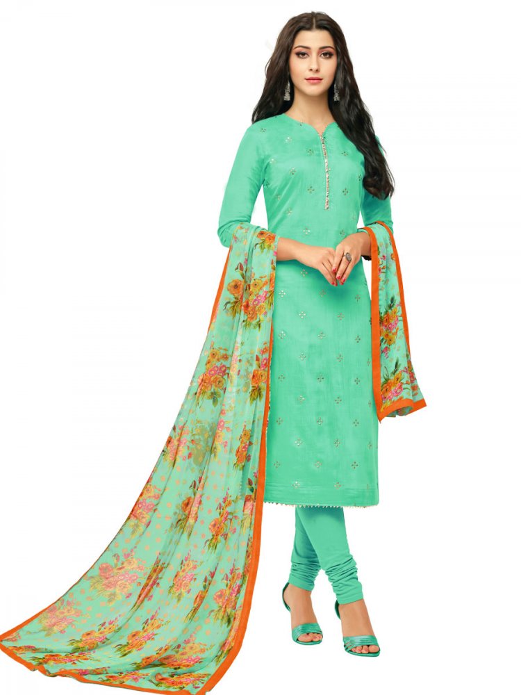 Sea Green Chanderi Cotton Embroidered Party Churidar Pant Kameez