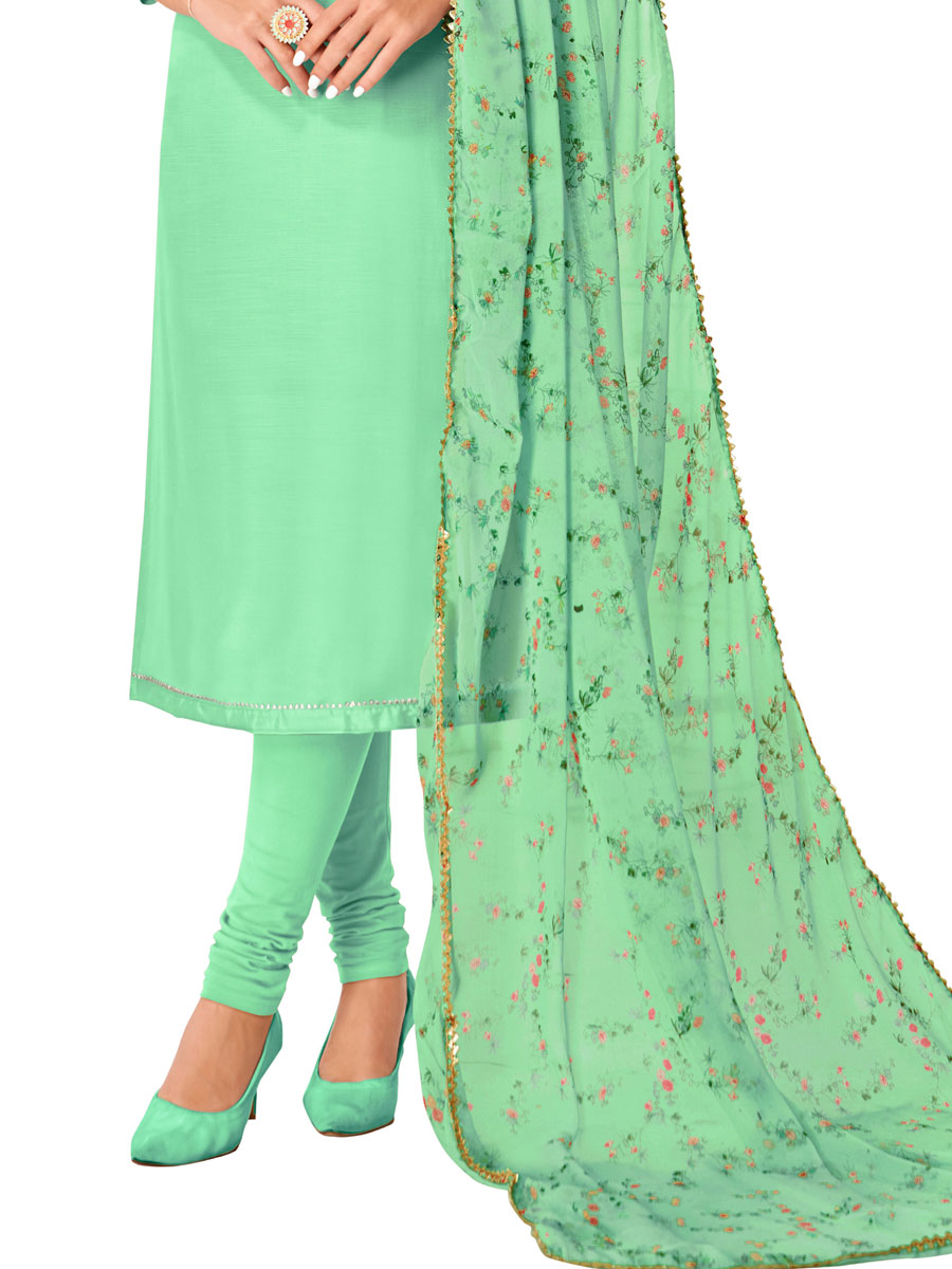 Sea Green Chanderi Cotton Embroidered Party Churidar Pant Kameez