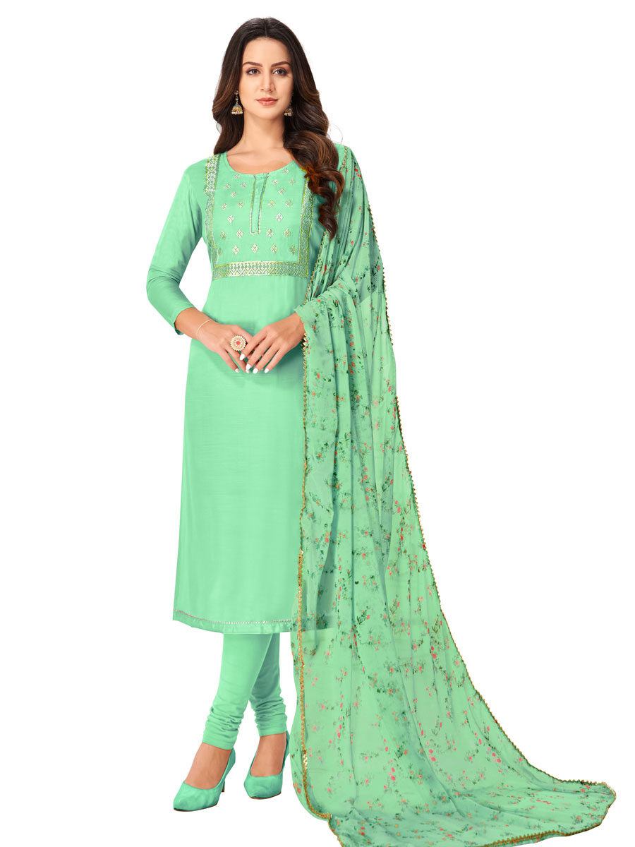 Sea Green Chanderi Cotton Embroidered Party Churidar Pant Kameez