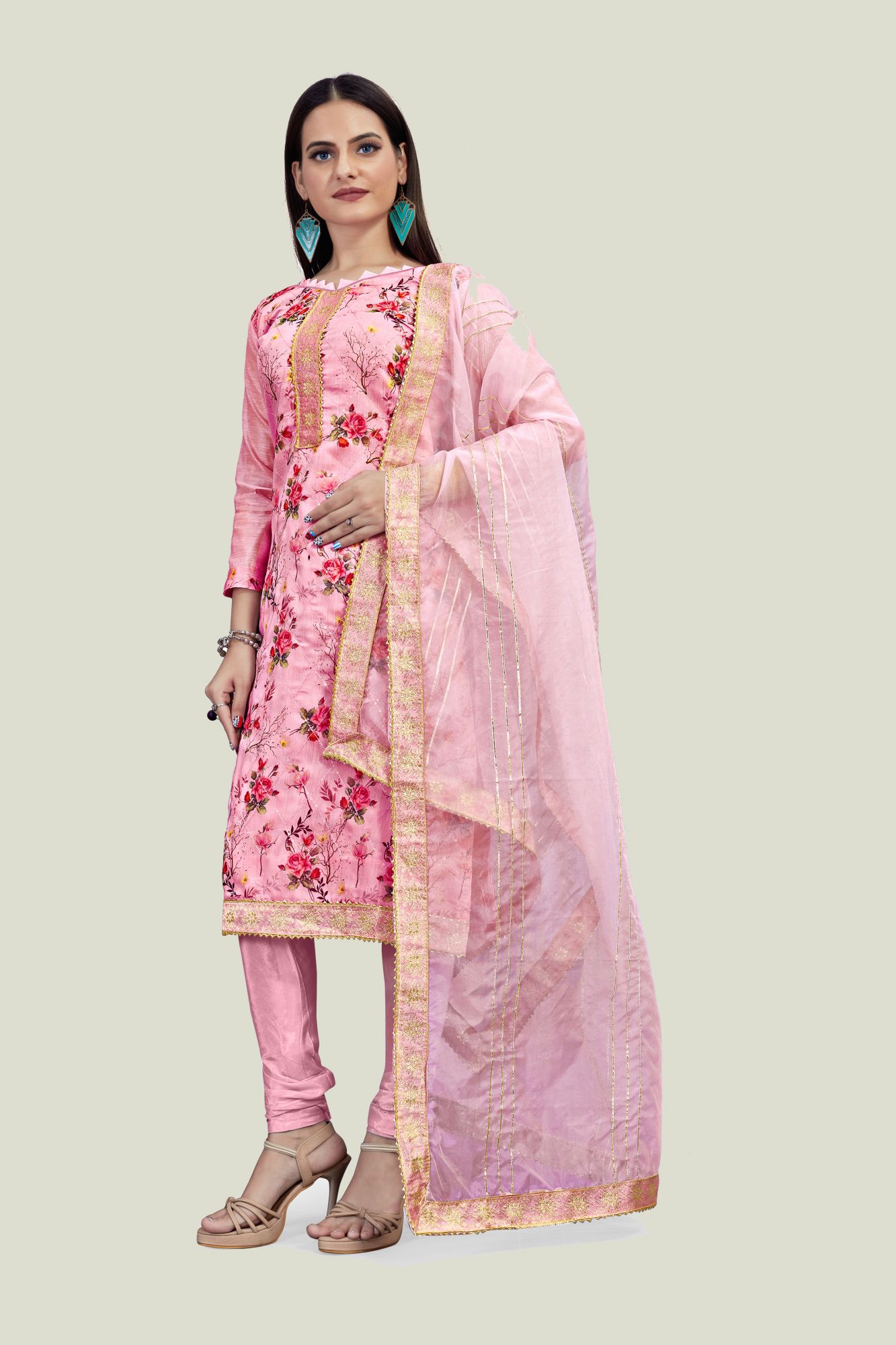 Pink Chanderi Printed Sequins Festival Party Churidar Salwar Kameez