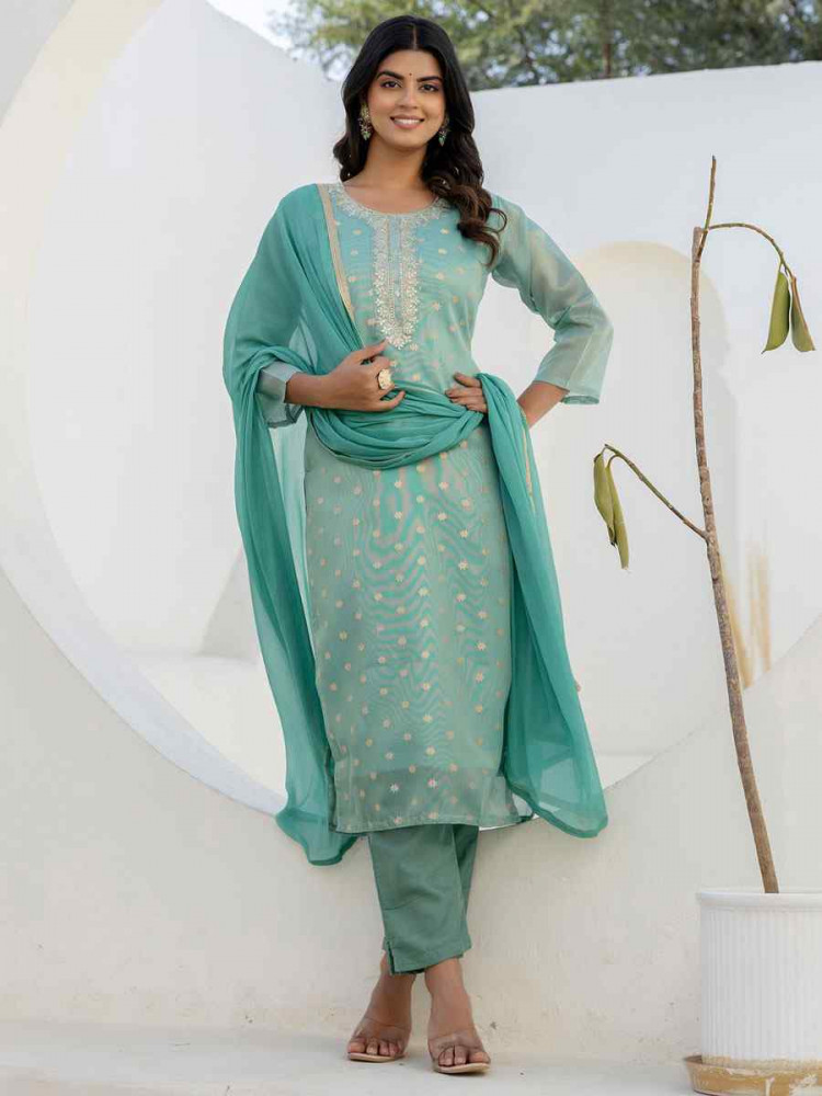 Image of Sea Green Chanderi Silk Embroidery Party Wedding Festival Casual Ready Pant Salwar Kameez