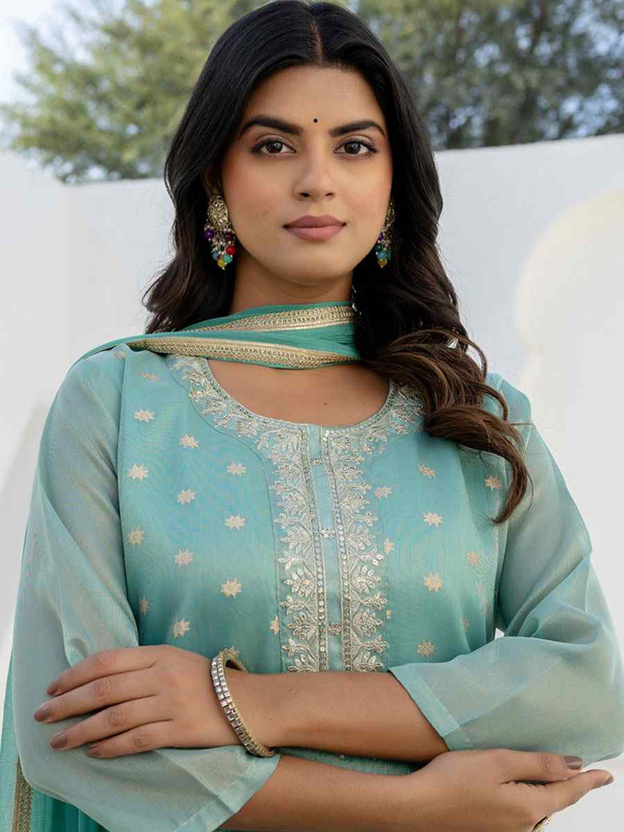 Sea Green Chanderi Silk Embroidery Party Wedding Festival Casual Ready Pant Salwar Kameez