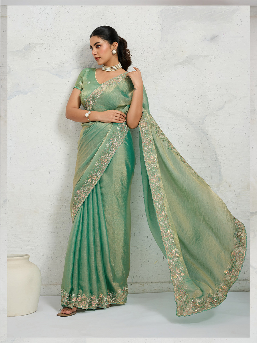 Sea Green Chiffon Velvet Zari Sequins Embroidery Reception Festival Wedding Party Fancy Heavy Border Sarees