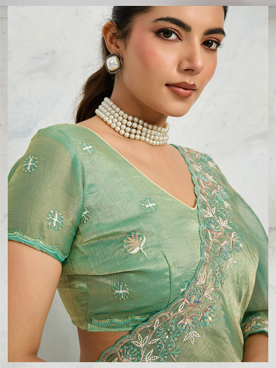 Sea Green Chiffon Velvet Zari Sequins Embroidery Reception Festival Wedding Party Fancy Heavy Border Sarees