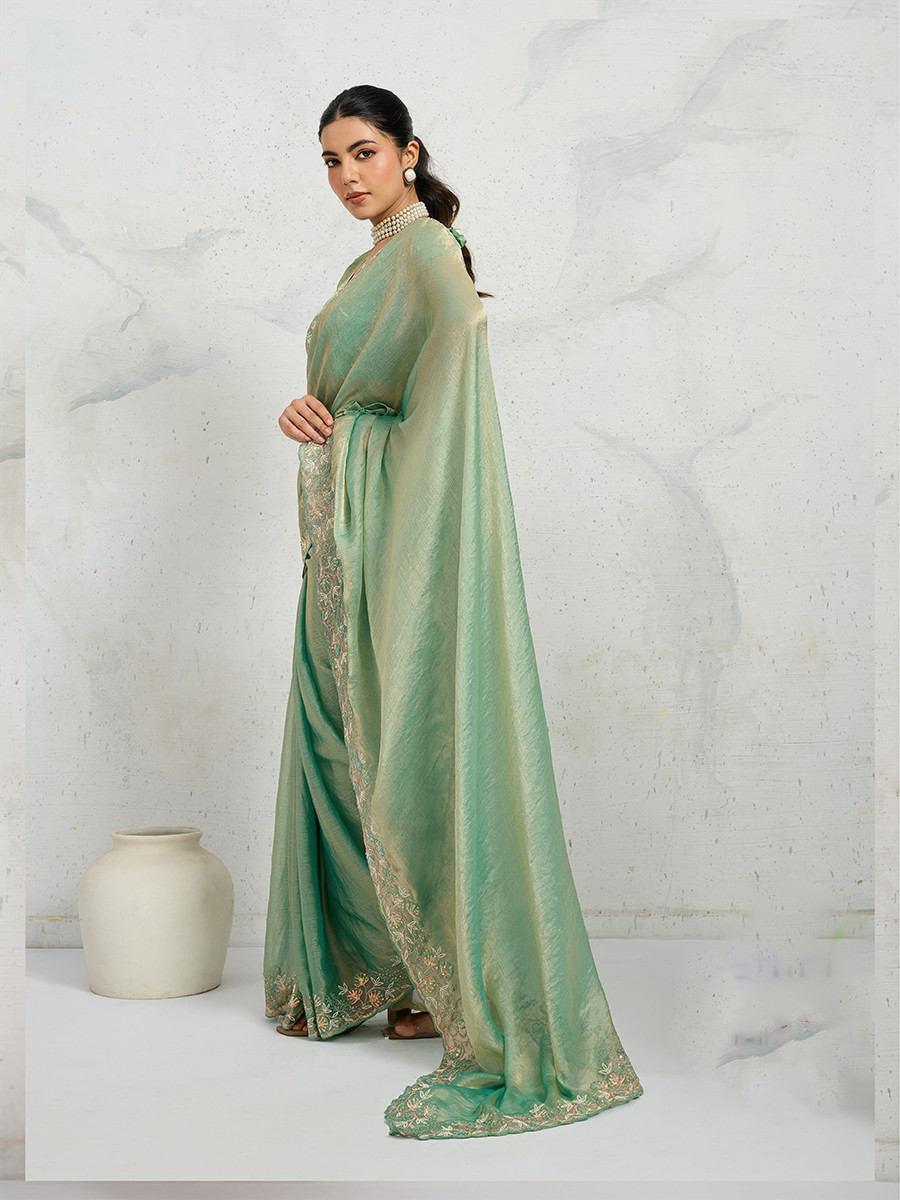 Sea Green Chiffon Velvet Zari Sequins Embroidery Reception Festival Wedding Party Fancy Heavy Border Sarees