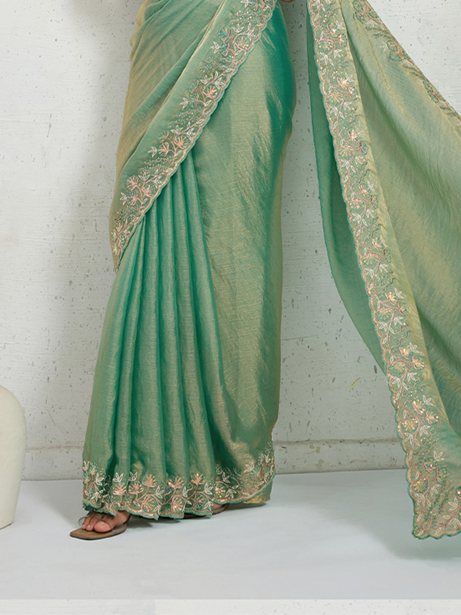 Sea Green Chiffon Velvet Zari Sequins Embroidery Reception Festival Wedding Party Fancy Heavy Border Sarees