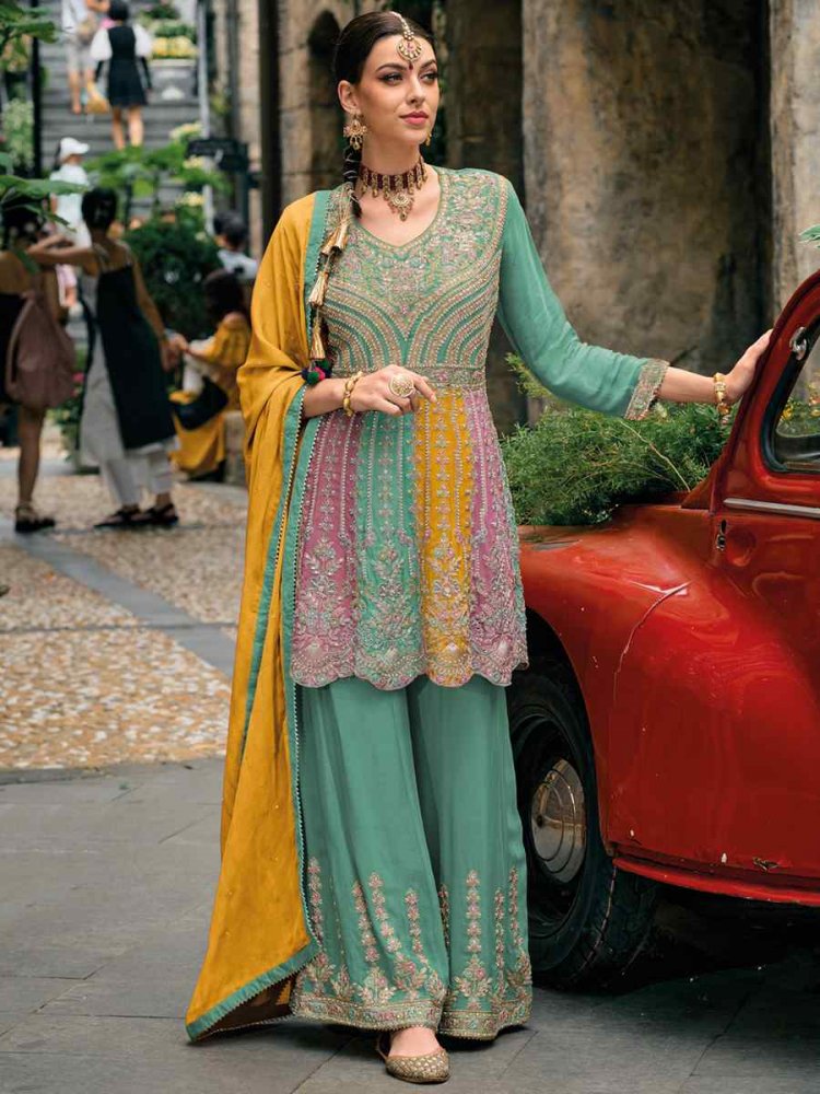 Sea Green Chinon Embroidered Festival Mehendi Ready Palazzo Pant Salwar Kameez