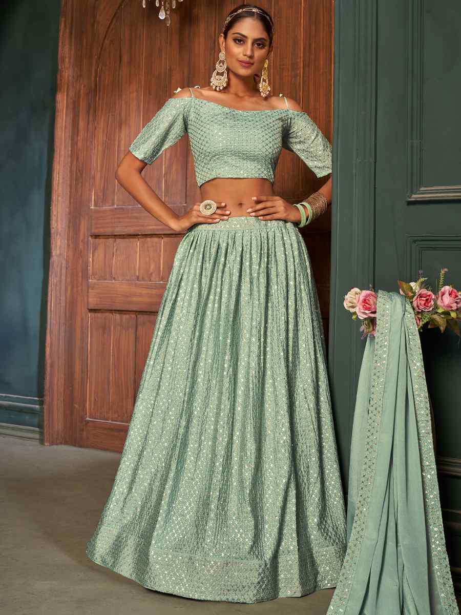 Sea Green Chinon Embroidered Festival Party Wear Heavy Border Lehenga Choli