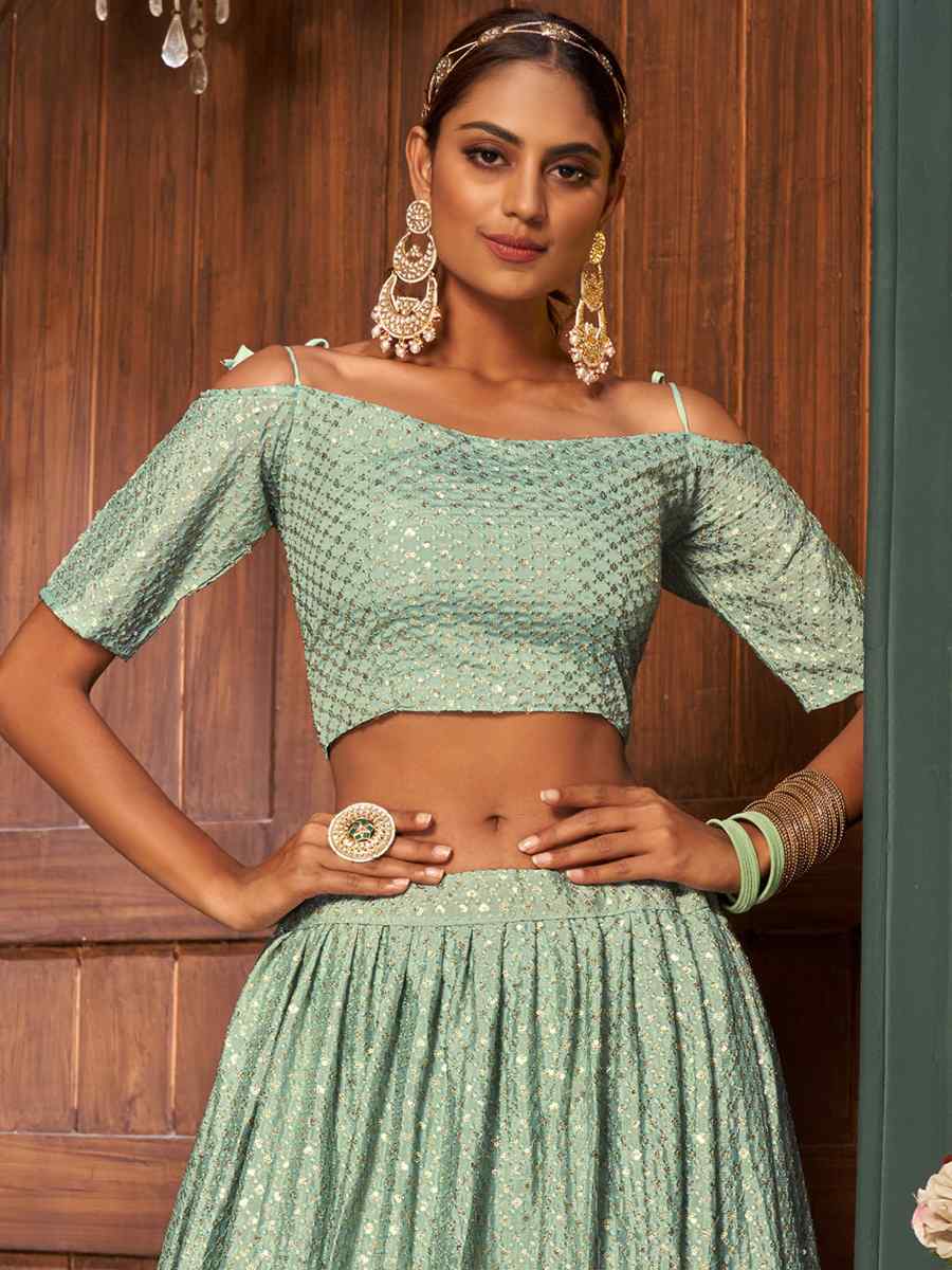 Sea Green Chinon Embroidered Festival Party Wear Heavy Border Lehenga Choli