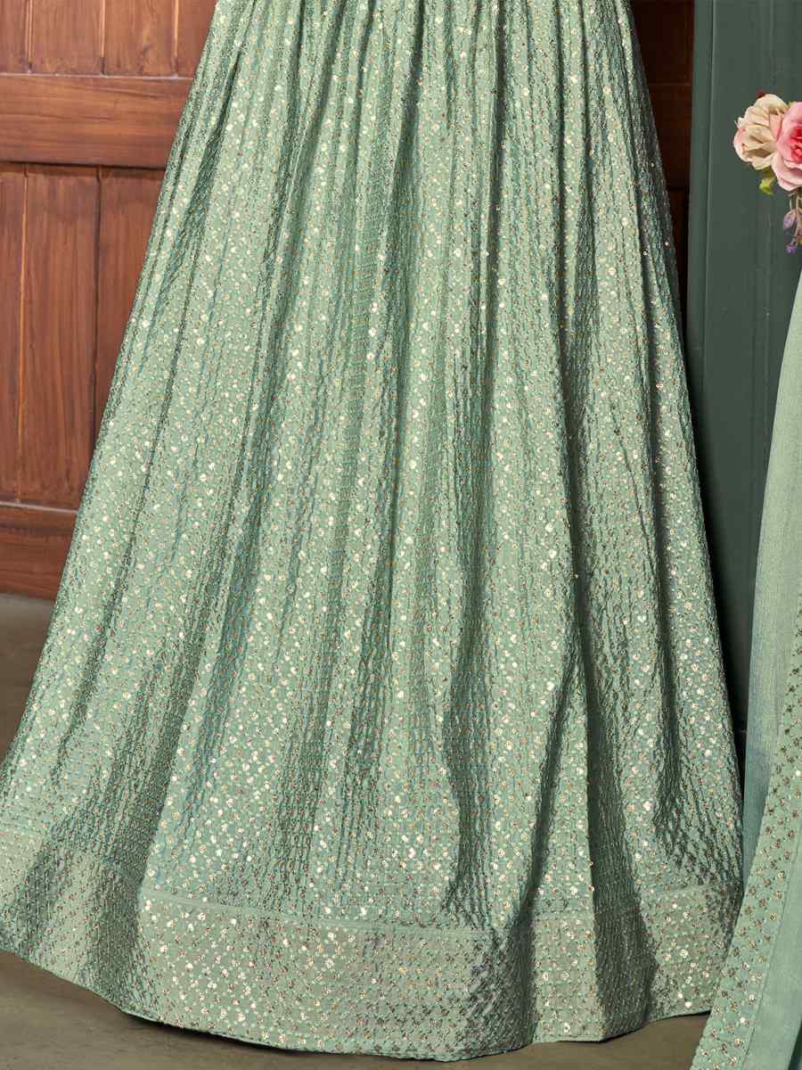 Sea Green Chinon Embroidered Festival Party Wear Heavy Border Lehenga Choli