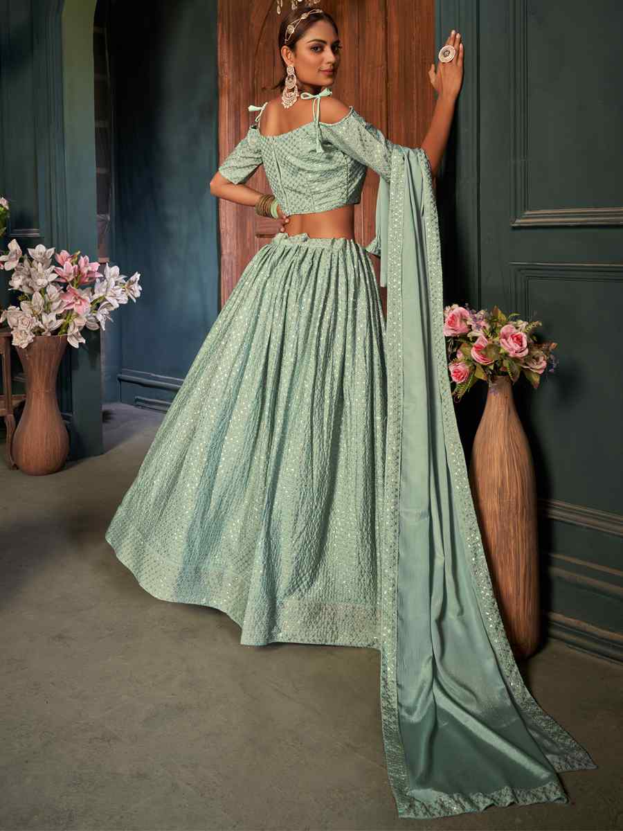 Sea Green Chinon Embroidered Festival Party Wear Heavy Border Lehenga Choli