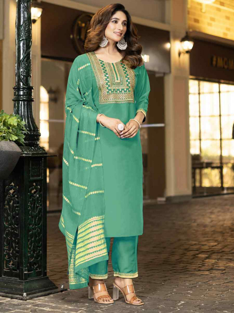 Image of Sea Green Chinon Embroidery Party Festival Casual Ready Pant Salwar Kameez