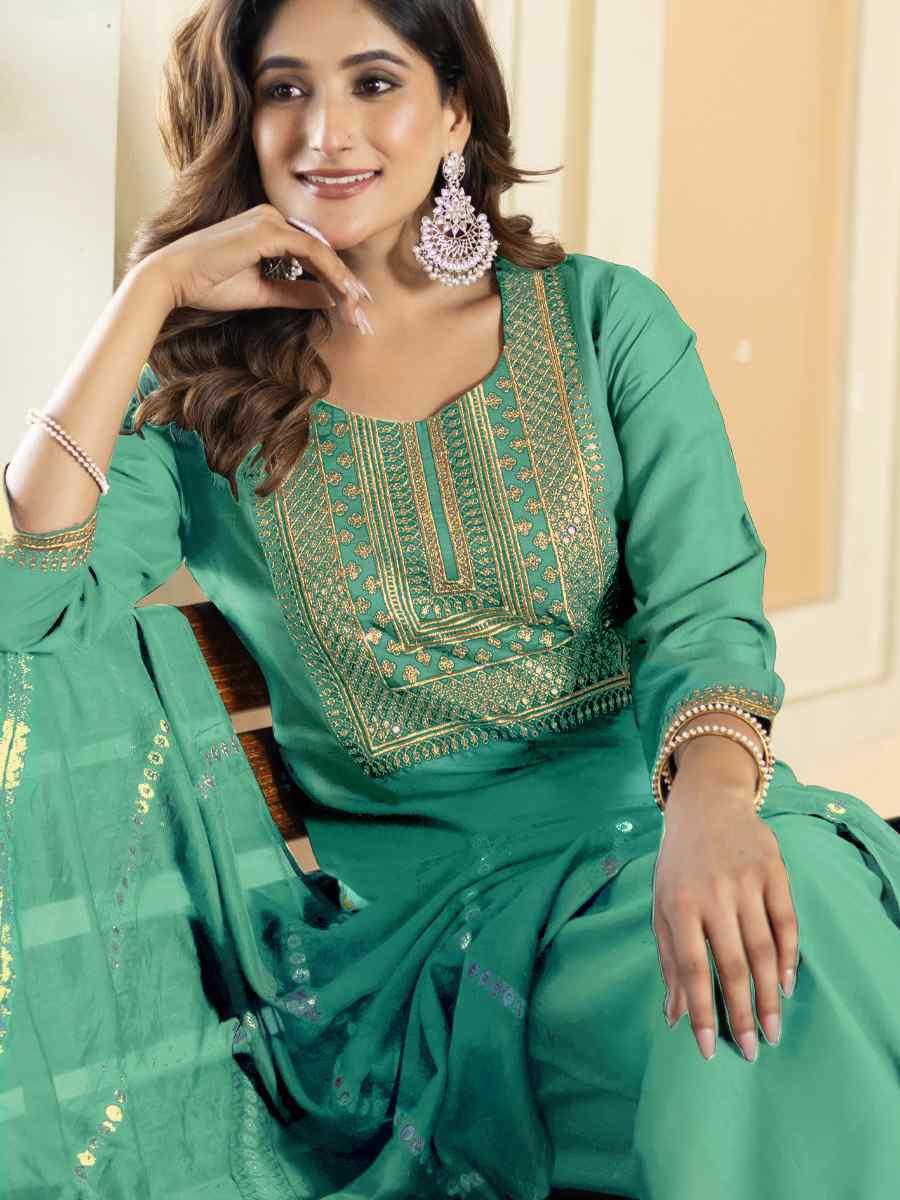 Sea Green Chinon Embroidery Party Festival Casual Ready Pant Salwar Kameez