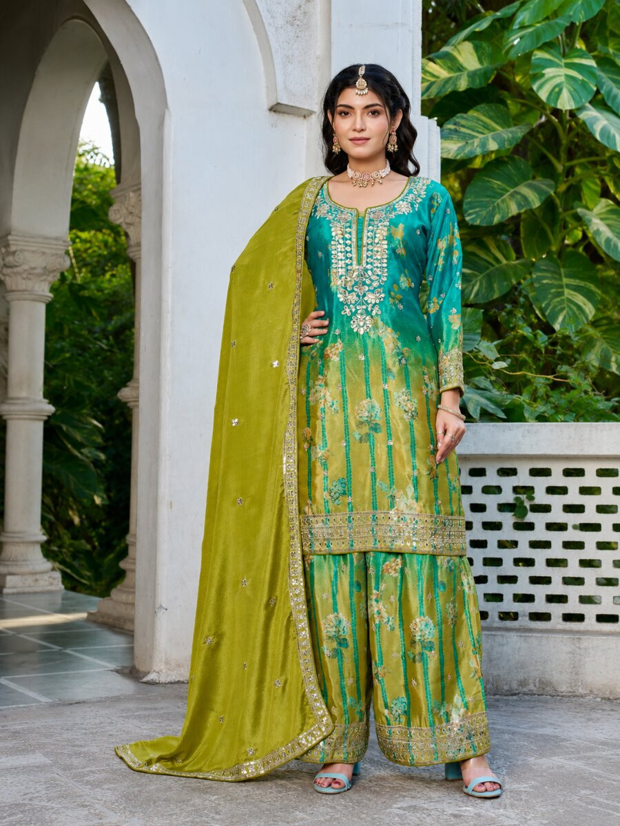 Sea Green Chinon Embroidery Sequins Wedding Party Festival Casual Ready Palazzo Pant Salwar Kameez