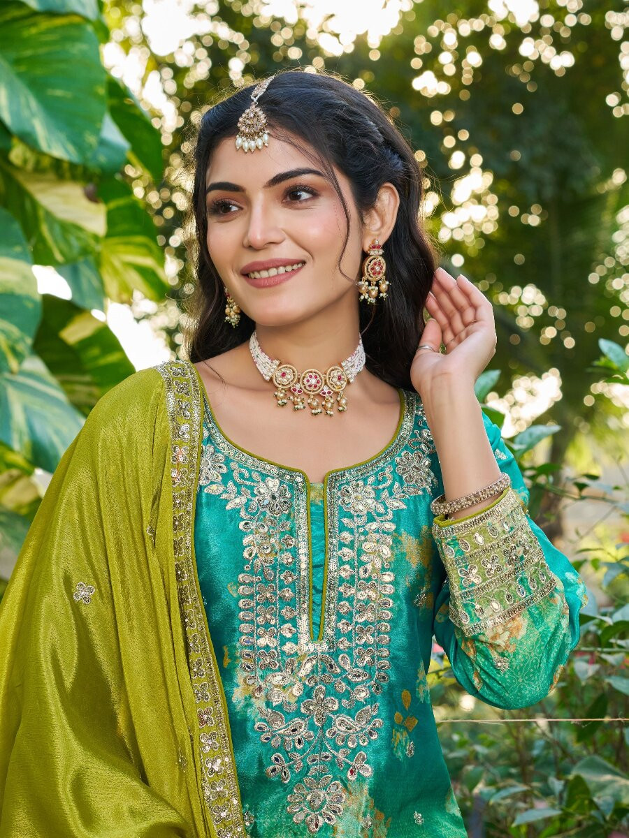 Sea Green Chinon Embroidery Sequins Wedding Party Festival Casual Ready Palazzo Pant Salwar Kameez