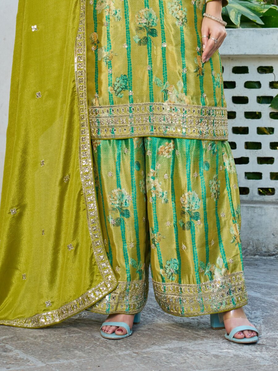 Sea Green Chinon Embroidery Sequins Wedding Party Festival Casual Ready Palazzo Pant Salwar Kameez