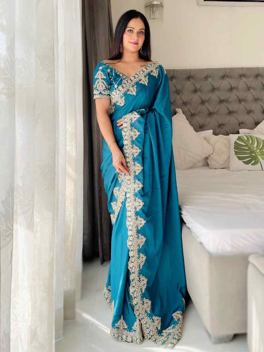 Sea Green Chinon Silk Embroidered Festival Wedding Fancy Heavy Border Saree
