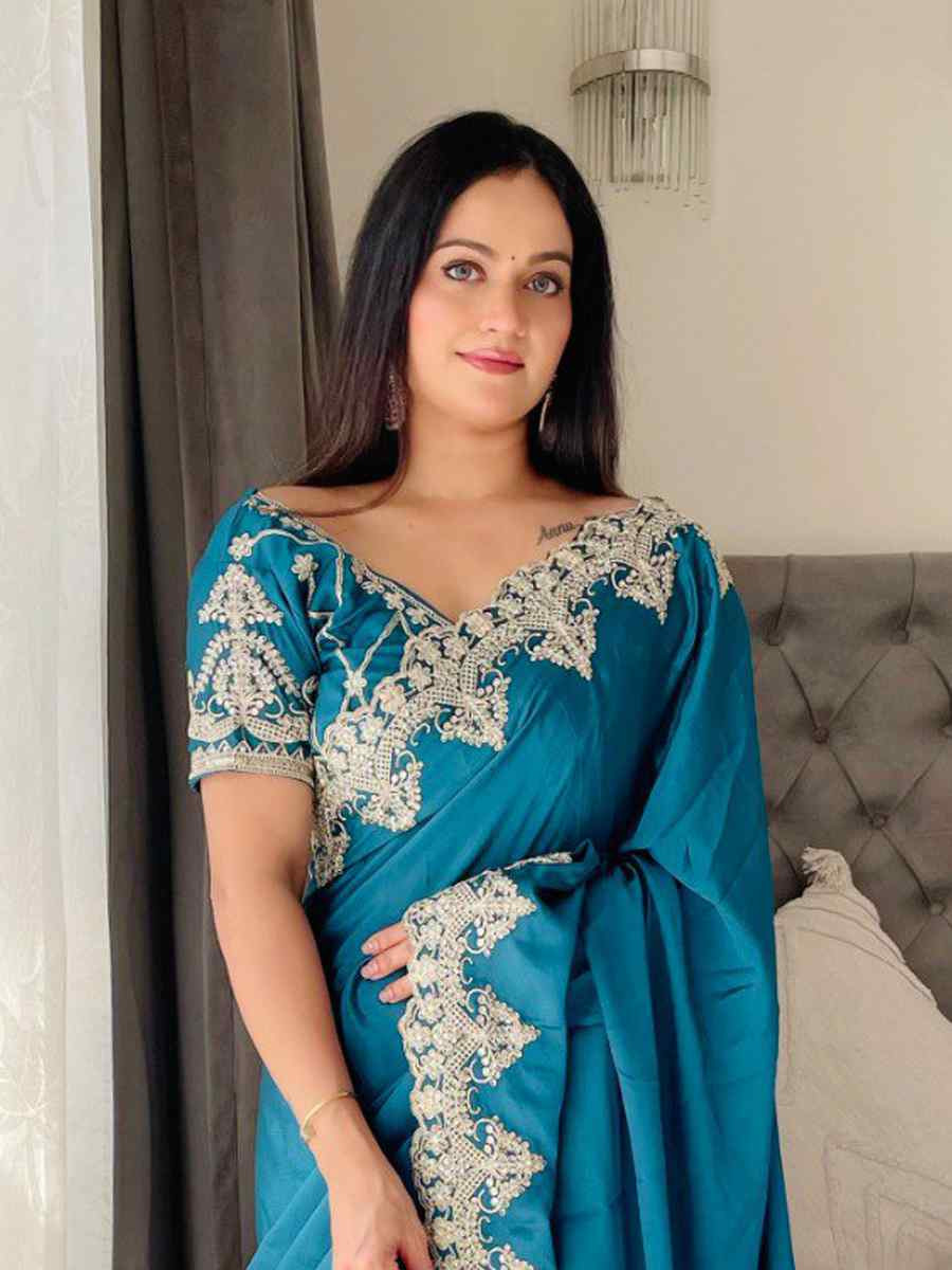 Sea Green Chinon Silk Embroidered Festival Wedding Fancy Heavy Border Saree