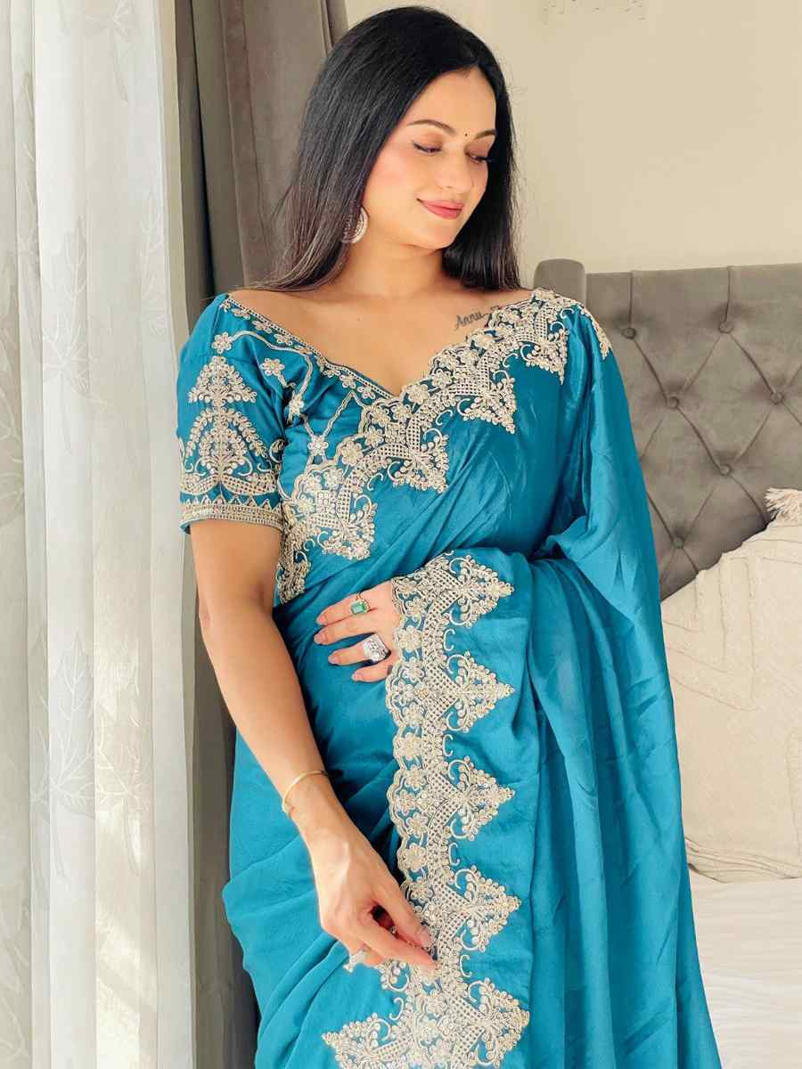 Sea Green Chinon Silk Embroidered Festival Wedding Fancy Heavy Border Saree