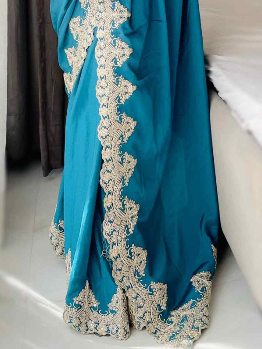 Sea Green Chinon Silk Embroidered Festival Wedding Fancy Heavy Border Saree