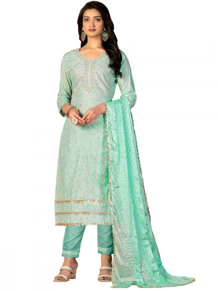 Sea Green Cotton Embroidered Casual Festival Pant Salwar Kameez