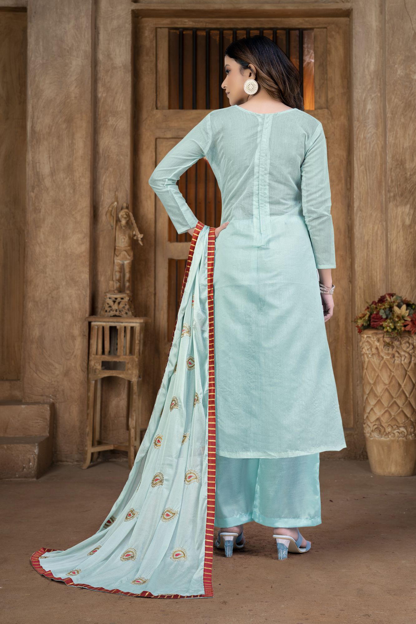 Sea Green Cotton Embroidery Festival Party Pant Salwar Kameez