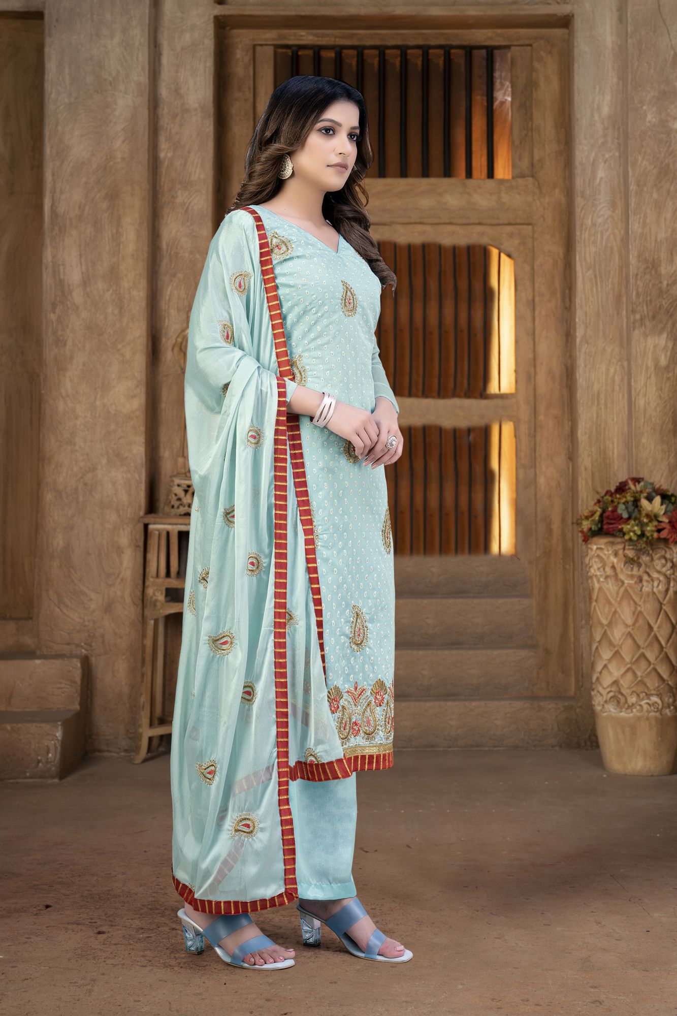 Sea Green Cotton Embroidery Festival Party Pant Salwar Kameez