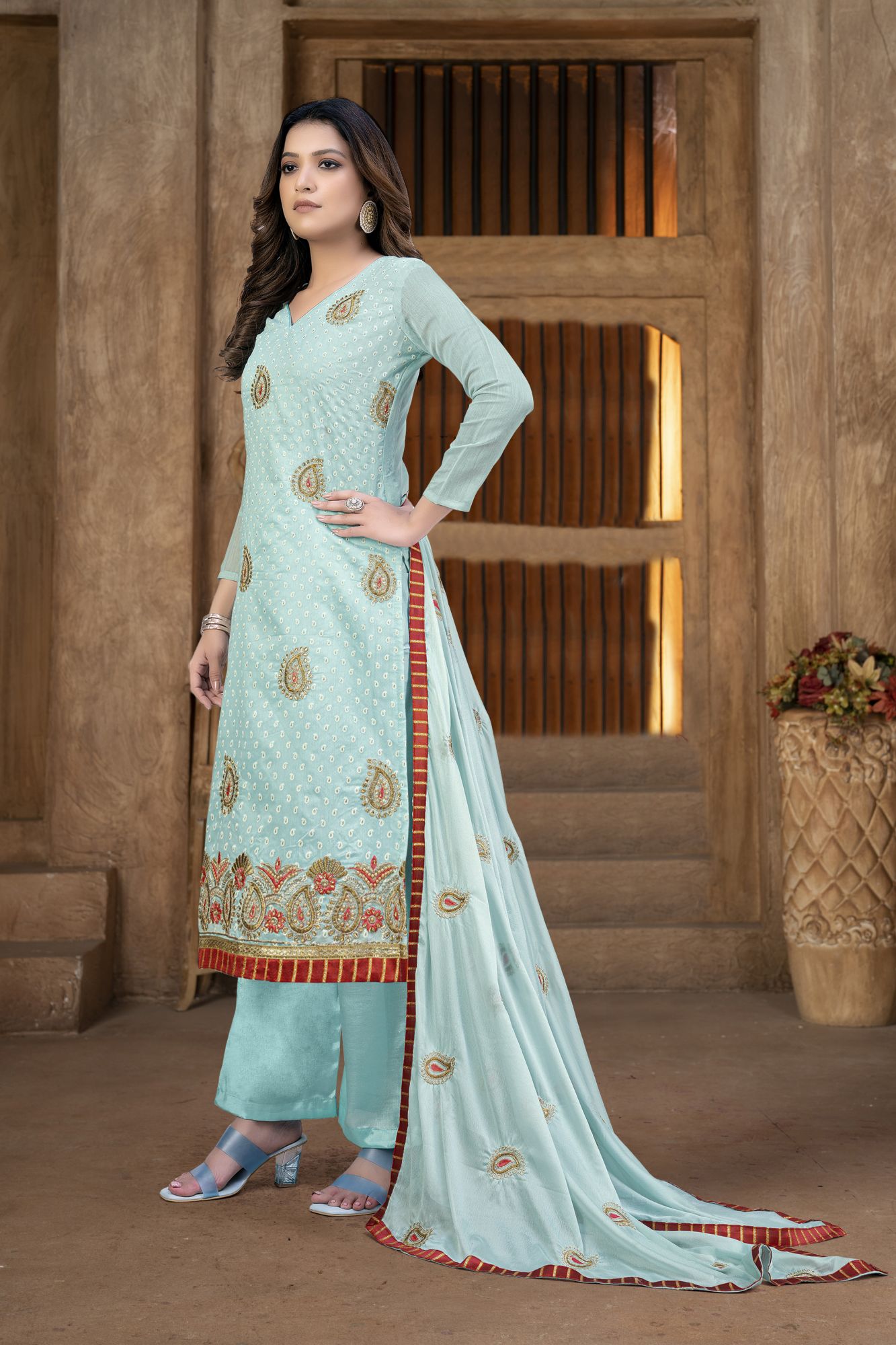 Sea Green Cotton Embroidery Festival Party Pant Salwar Kameez
