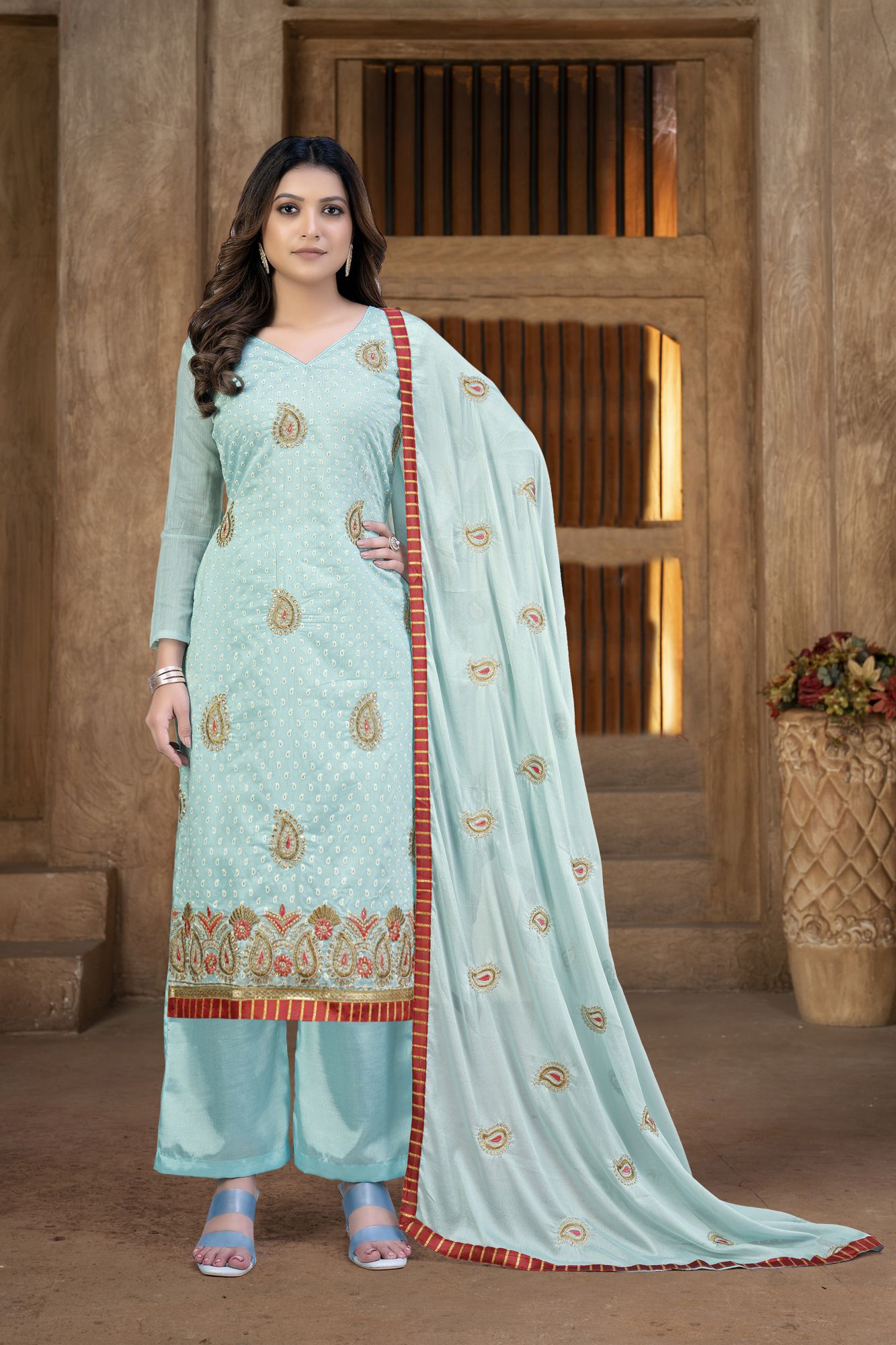 Sea Green Cotton Embroidery Festival Party Pant Salwar Kameez