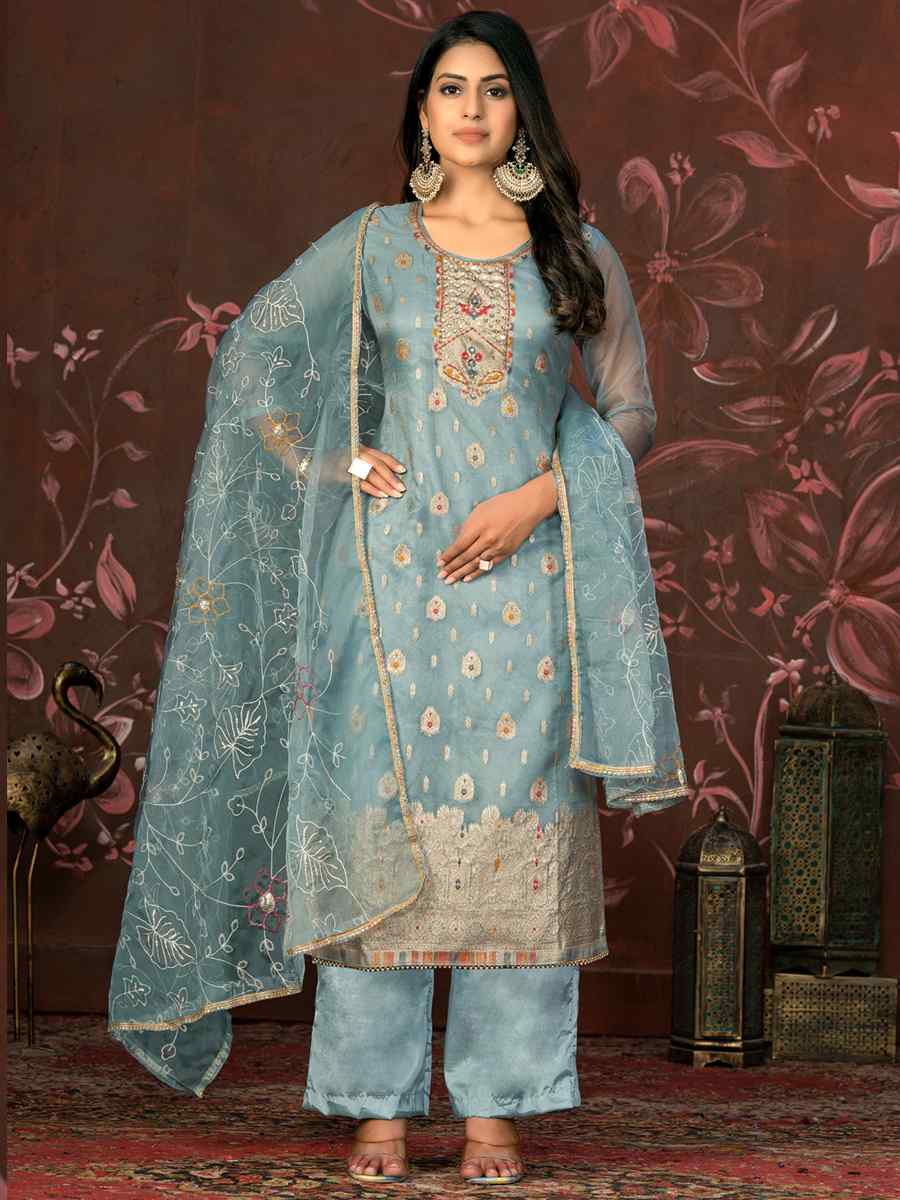 Sea Green Cotton Jacquard Embroidered Casual Festival Pant Salwar Kameez