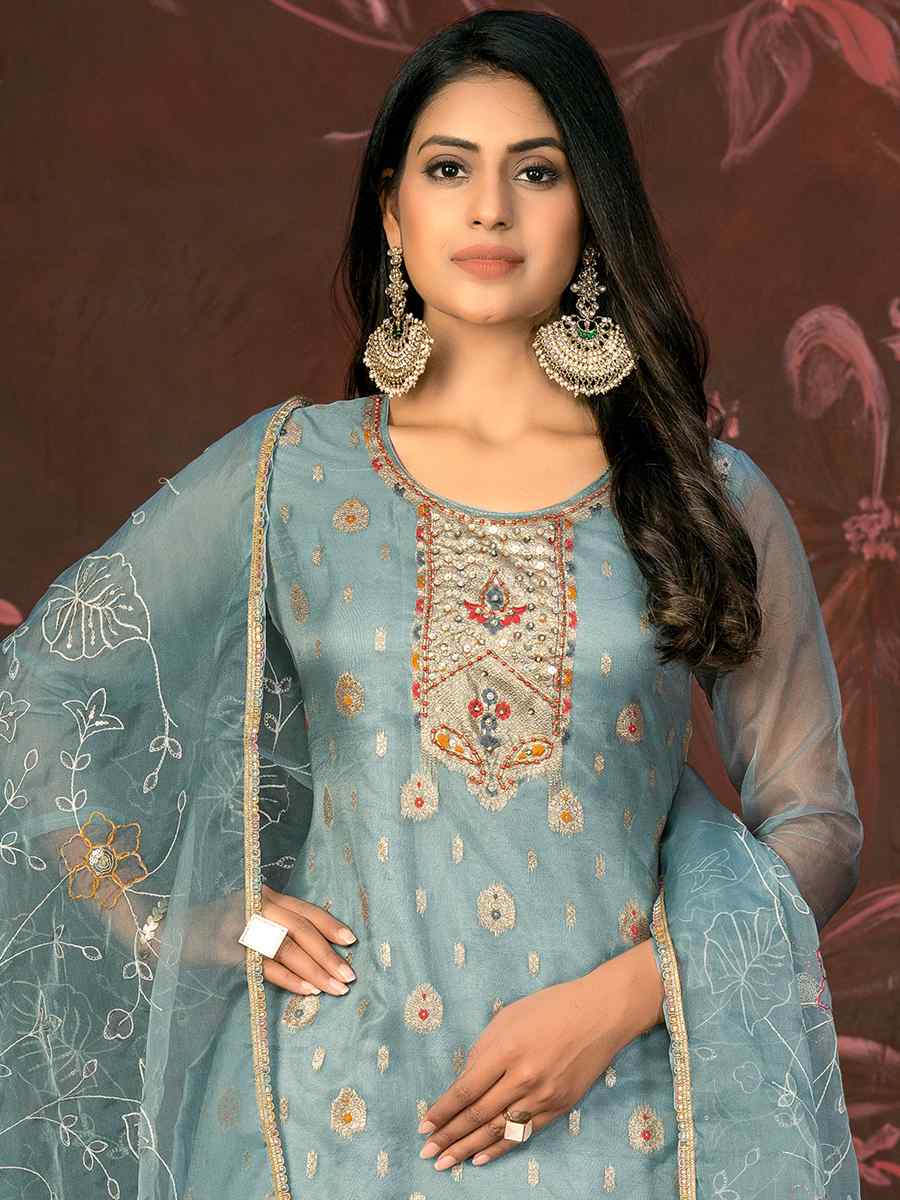 Sea Green Cotton Jacquard Embroidered Casual Festival Pant Salwar Kameez