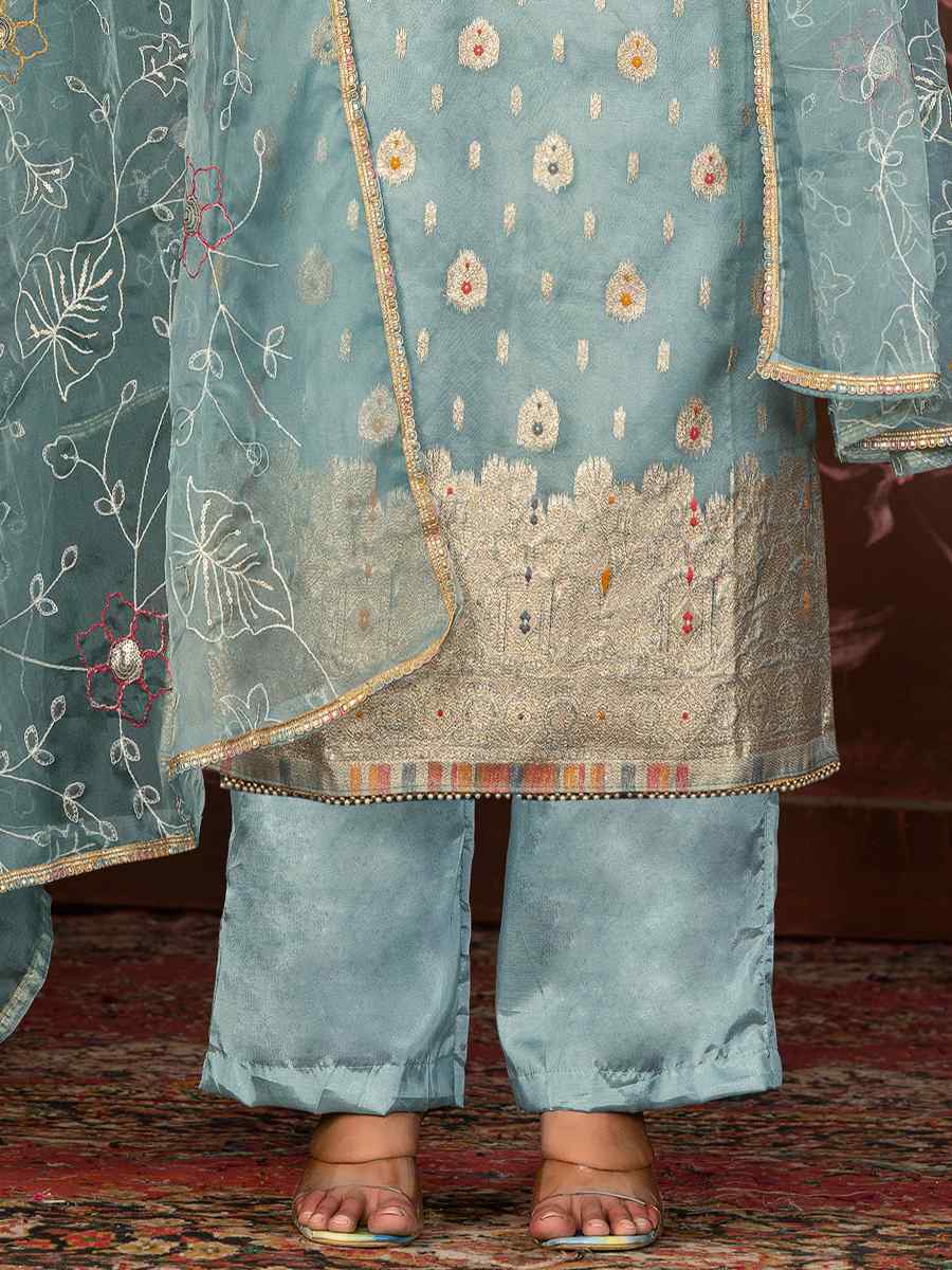 Sea Green Cotton Jacquard Embroidered Casual Festival Pant Salwar Kameez