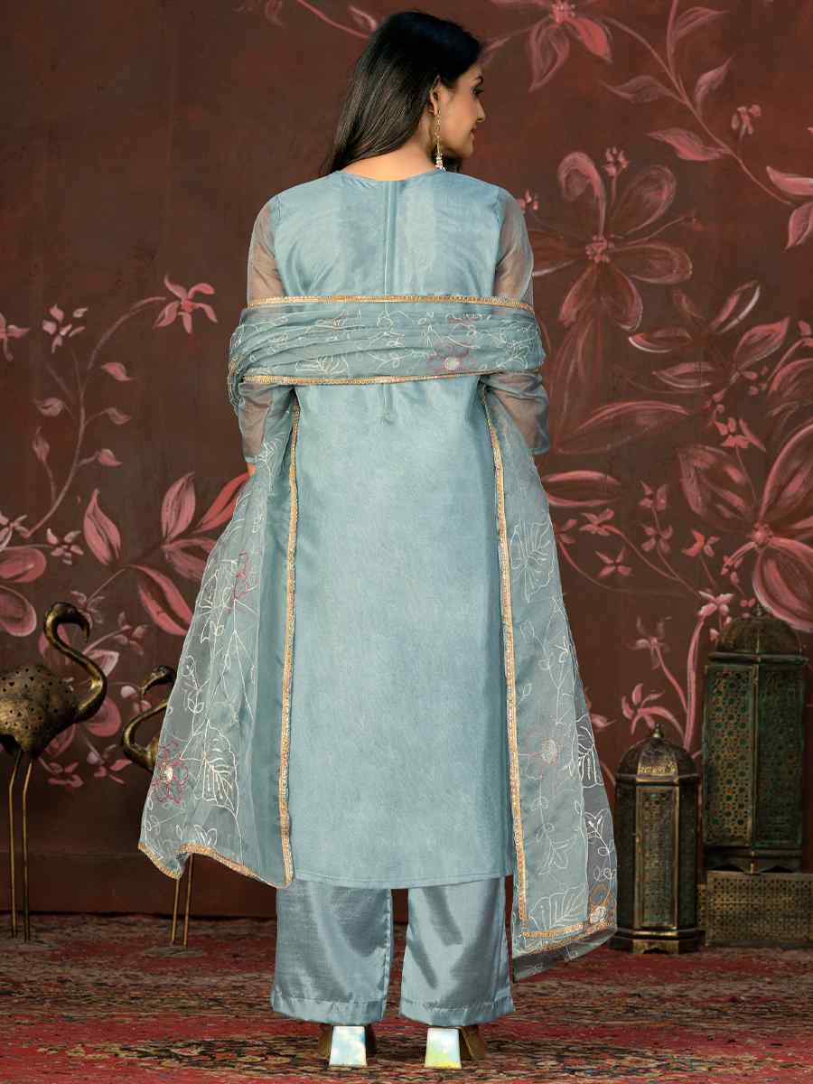 Sea Green Cotton Jacquard Embroidered Casual Festival Pant Salwar Kameez