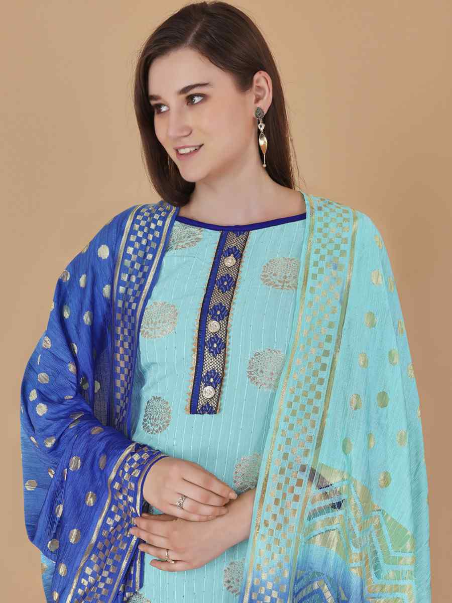 Sea Green Cotton Jacquard Handwoven Casual Festival Pant Salwar Kameez