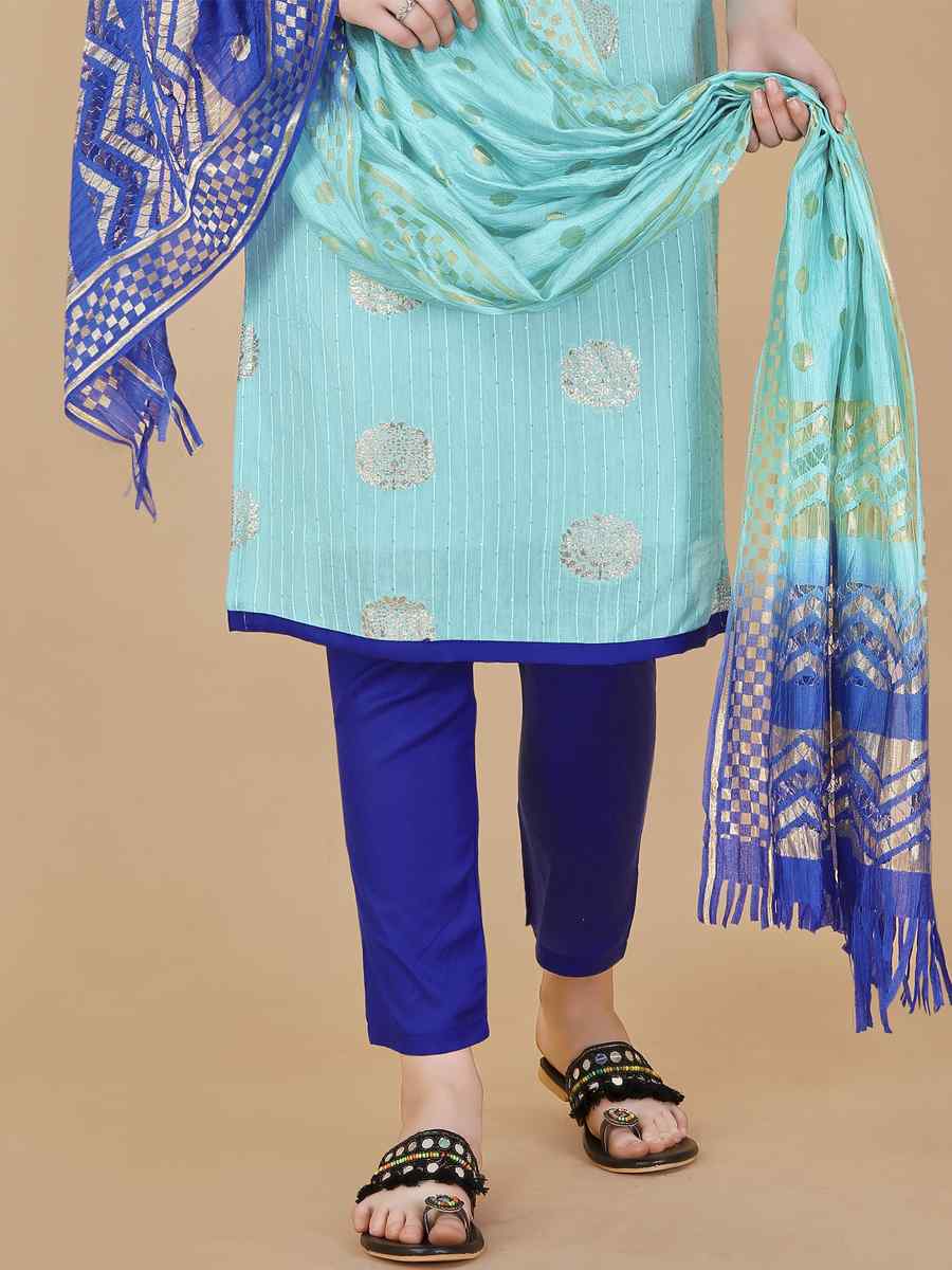 Sea Green Cotton Jacquard Handwoven Casual Festival Pant Salwar Kameez