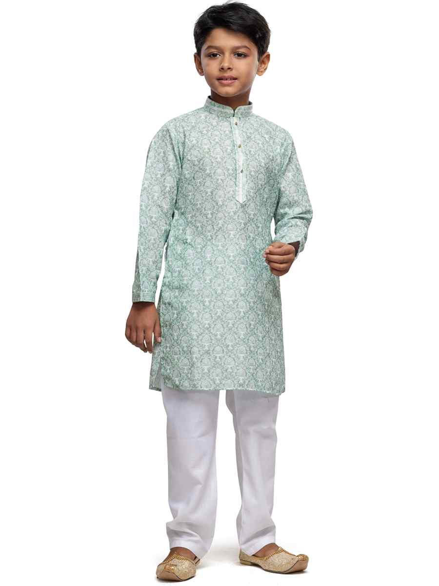 Sea Green Cotton Printed Festival Party Kurta
