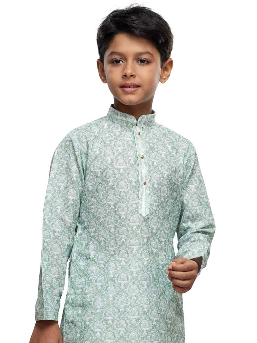 Sea Green Cotton Printed Festival Party Kurta