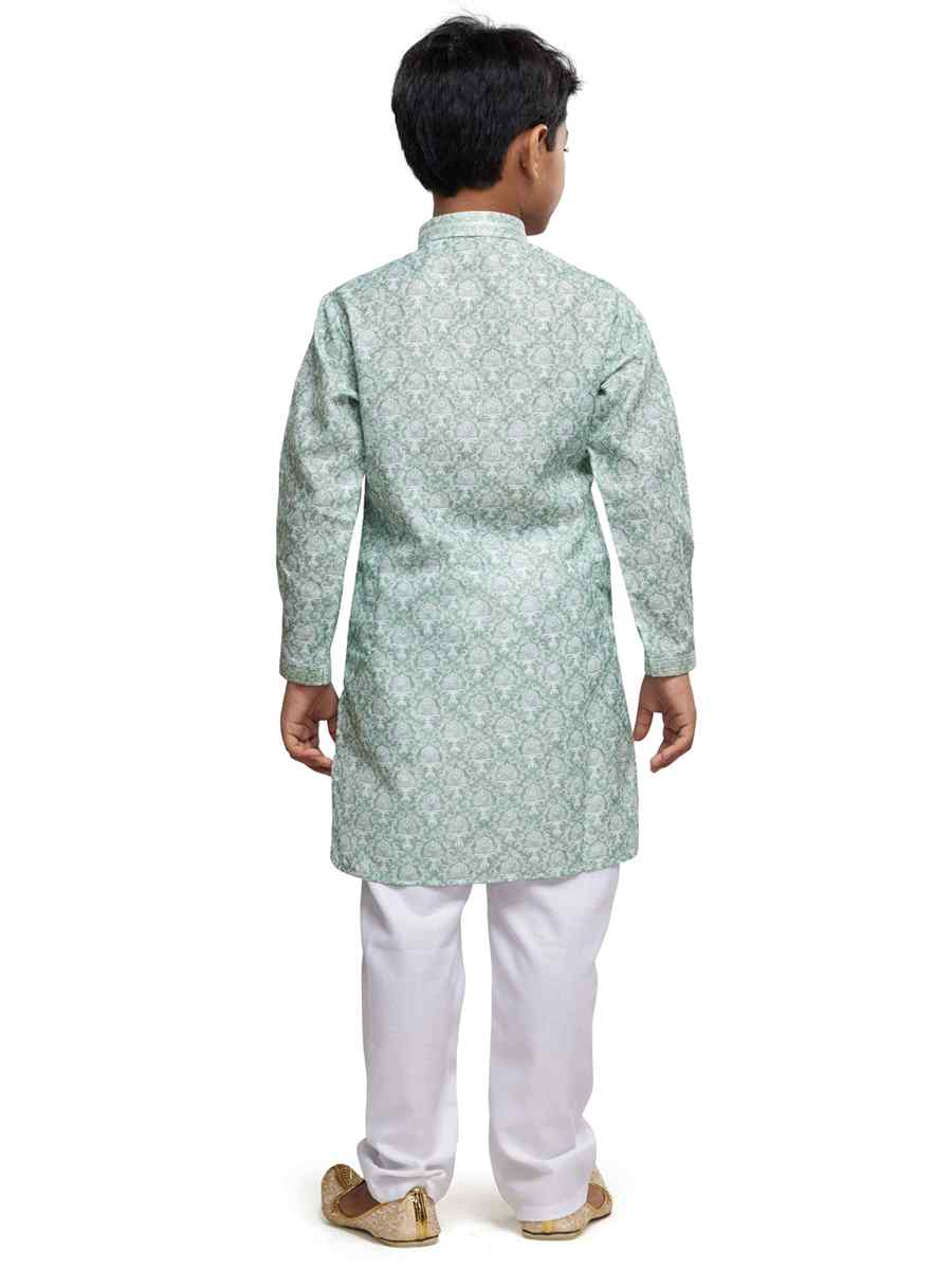 Sea Green Cotton Printed Festival Party Kurta