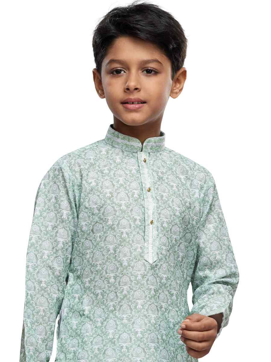 Sea Green Cotton Printed Festival Party Kurta