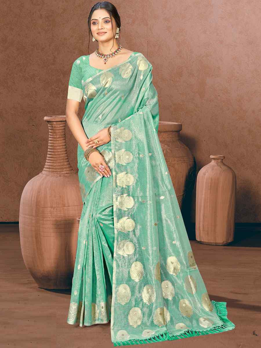 Sea Green Cotton Silk Handwoven Casual Festival Party Classic Style Sarees