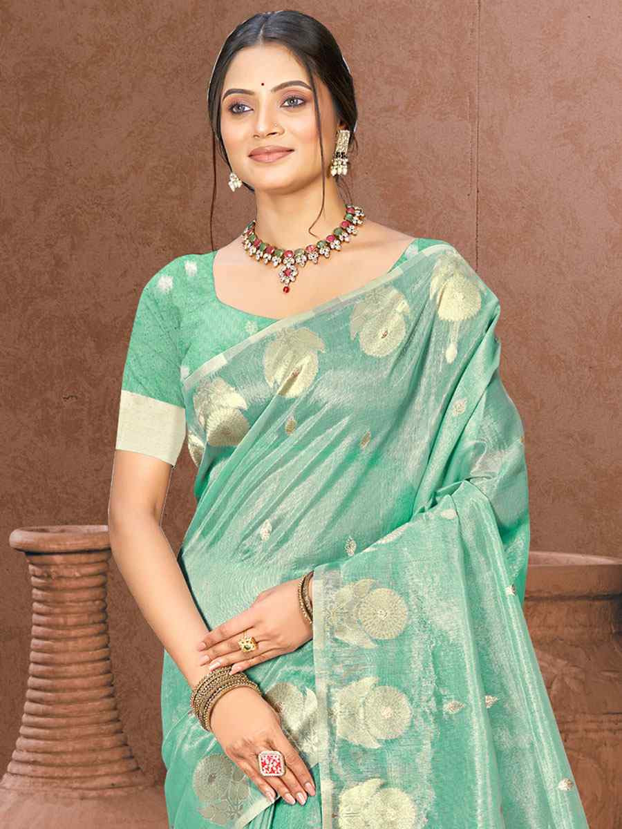 Sea Green Cotton Silk Handwoven Casual Festival Party Classic Style Sarees