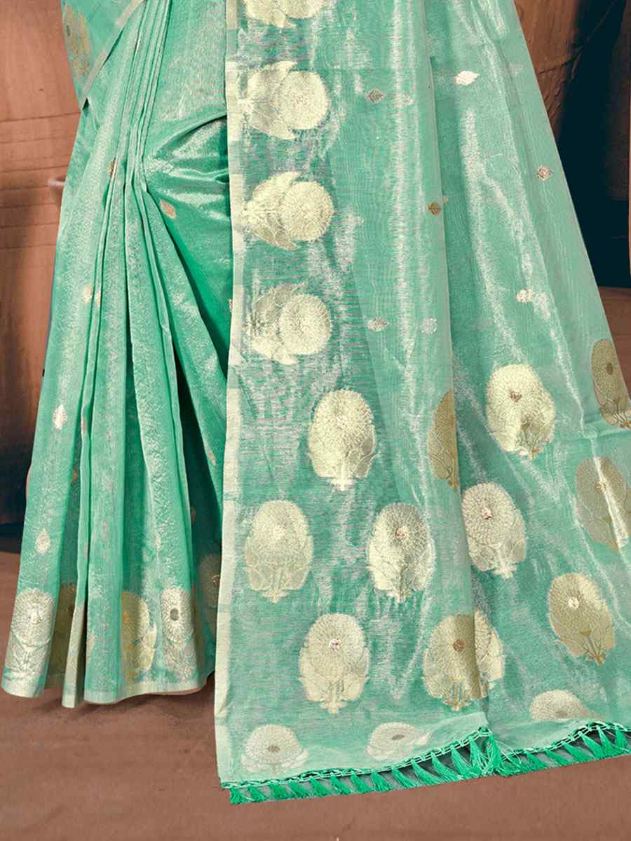 Sea Green Cotton Silk Handwoven Casual Festival Party Classic Style Sarees