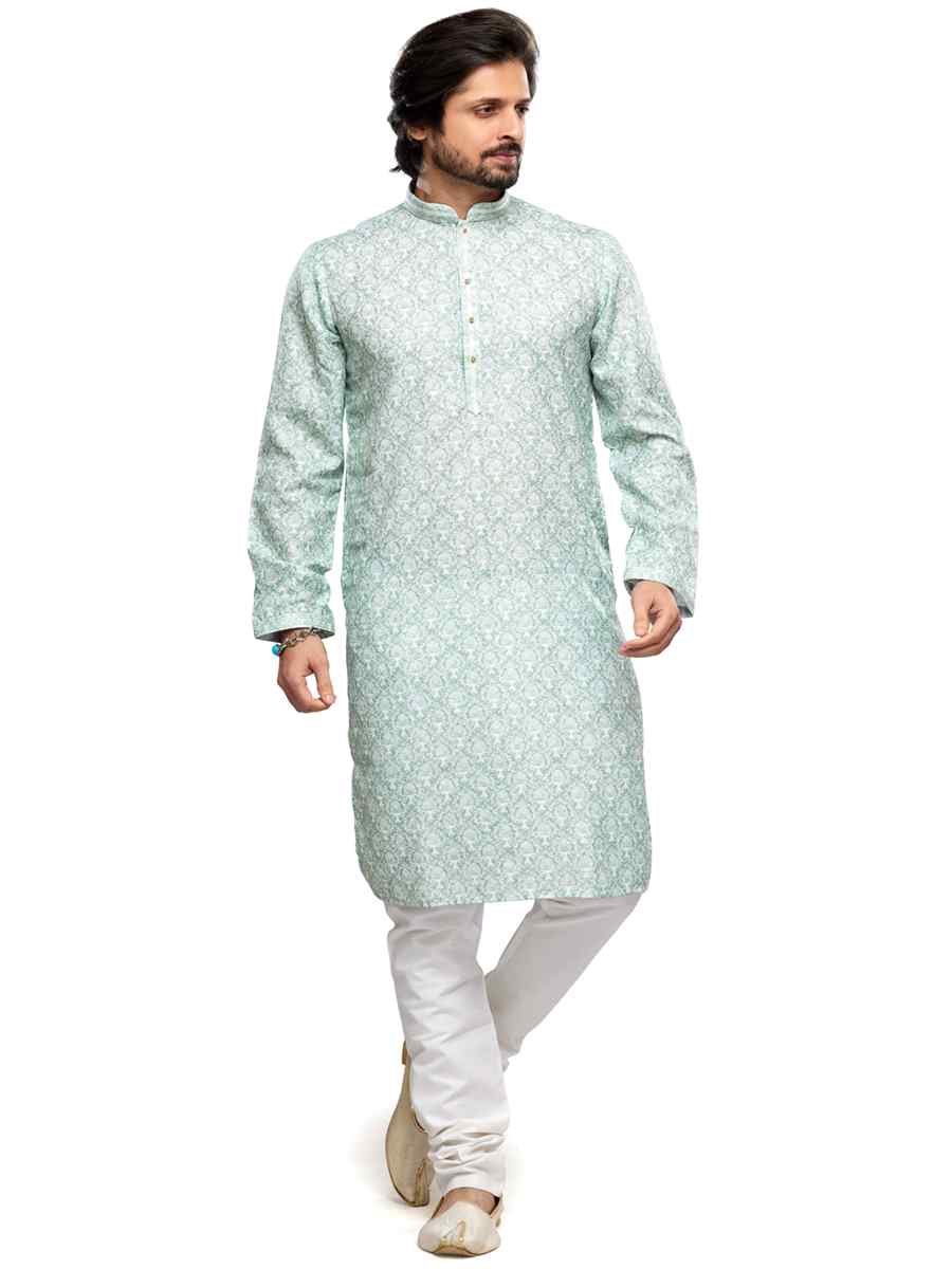 Sea Green Cotton Woven Festival Party Kurta