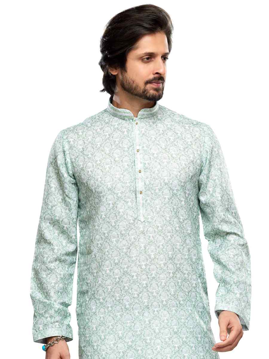 Sea Green Cotton Woven Festival Party Kurta