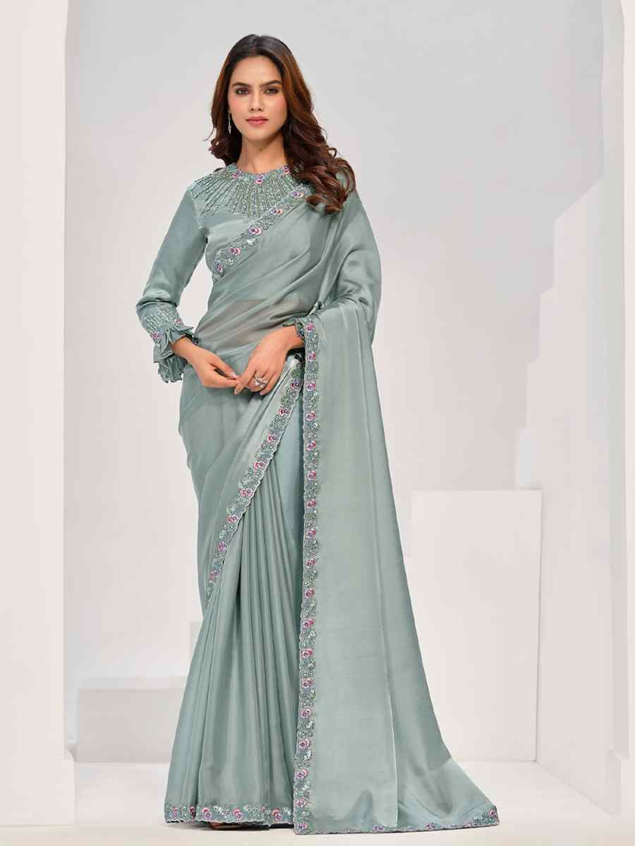 Sea Green Crepe Satin Silk Embroidered Festival Wedding Fancy Heavy Border Saree