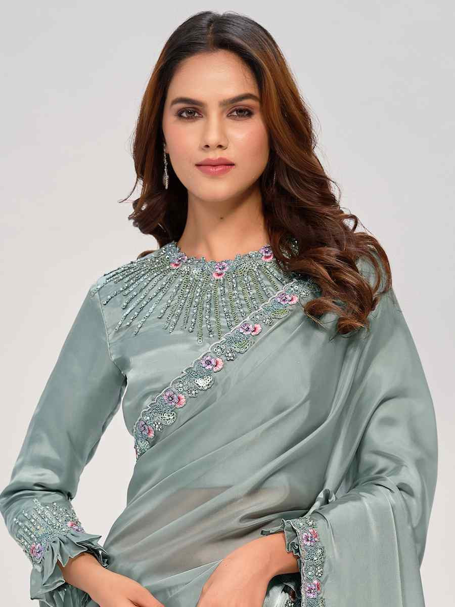 Sea Green Crepe Satin Silk Embroidered Festival Wedding Fancy Heavy Border Saree