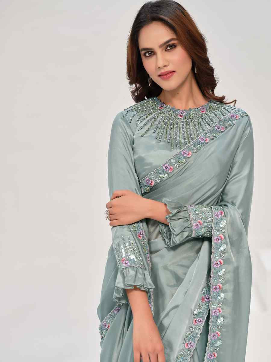 Sea Green Crepe Satin Silk Embroidered Festival Wedding Fancy Heavy Border Saree