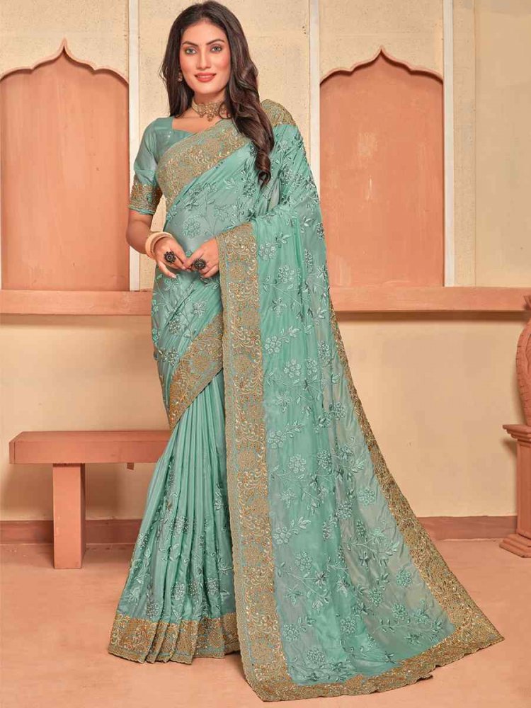 Sea Green Crepe Silk Embroidered Wedding Party Heavy Border Saree