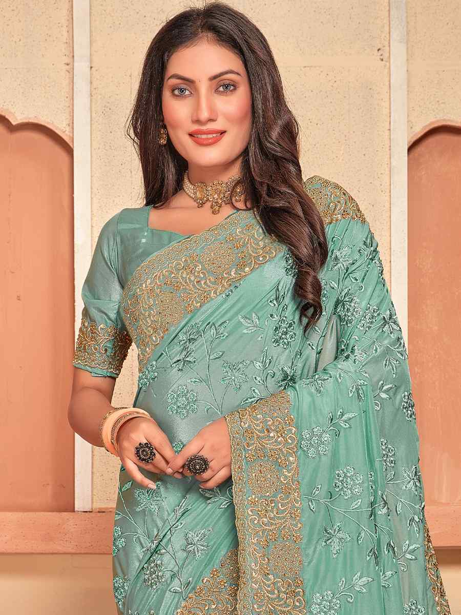 Sea Green Crepe Silk Embroidered Wedding Party Heavy Border Saree